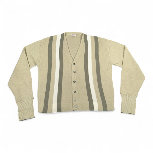 Vintage McGregor Sweater Adult MEDIUM Brown Cardigan Striped Orlon Knit USA 60s - Picture 1 of 9